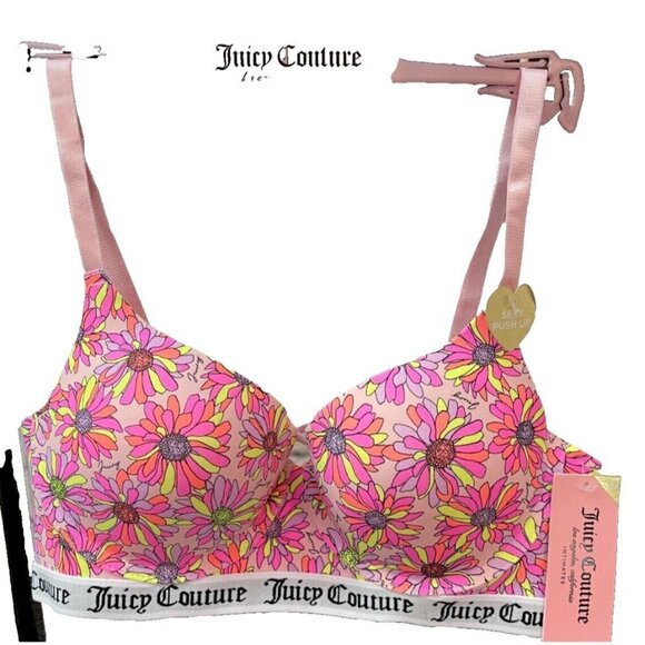 Juicy Couture 36C Pink Floral Print Logo Sculpted Underwire Padded Push-Up Bra - Picture 2 of 4